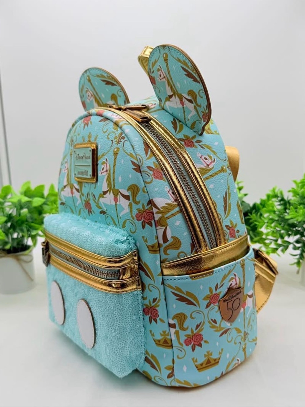 Loungefly Aqua Carousel Mouse Ear Mini Backpack with Gold Accents - Picture 2 of 10